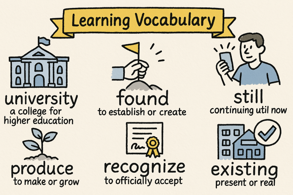 university,found,still,produce,recognize,existingの英単語の意味をイラストで解説
