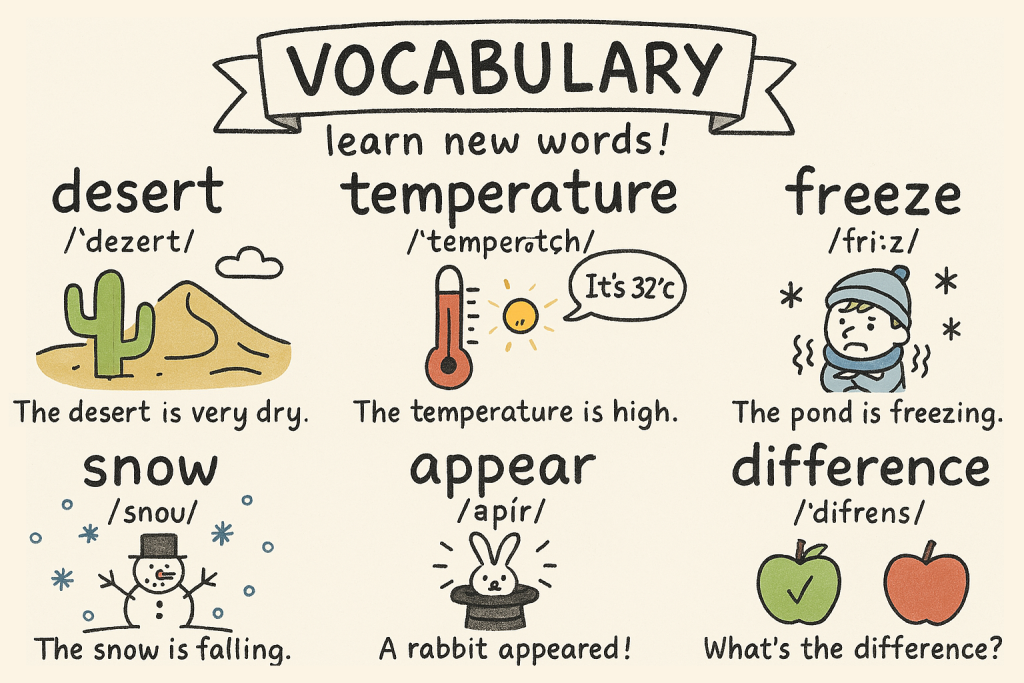 desert,temperature,freeze,snow,appear,differenceの英単語の意味をイラストで解説