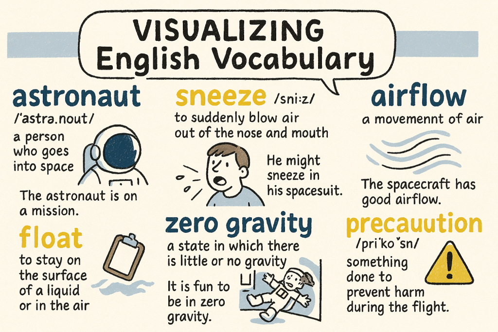 astronaut,sneeze,airflow,float,zero gravity,precautionの英単語の意味をイラストで解説