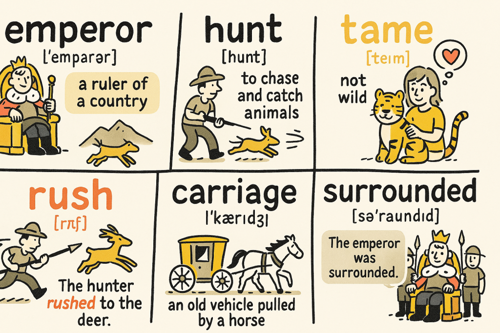 emperor,hunt,tame,rush,carriage,surroundedの英単語の意味をイラストで解説