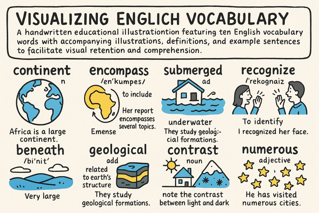 continent,encompass,submerged,beneath,geological,recognizeの英単語の意味をイラストで解説