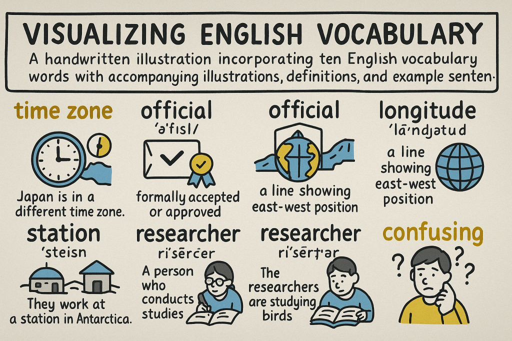 time zone,official,longitude,station,researcher,confusingの英単語の意味をイラストで解説
