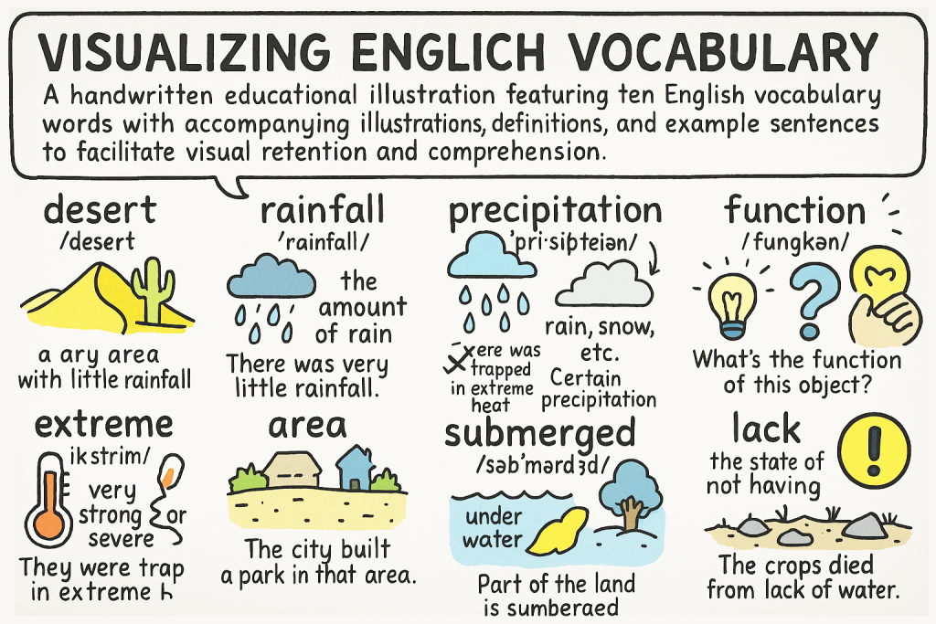 desert,rainfall,precipitation,extreme,area,submerged の英単語をイラストで解説
