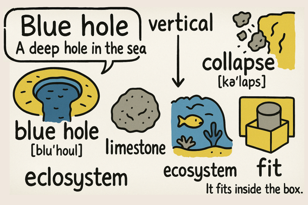 blue hole,vertical,collapse,limestone,ecosystem,fitの英単語の意味をイラストで解説