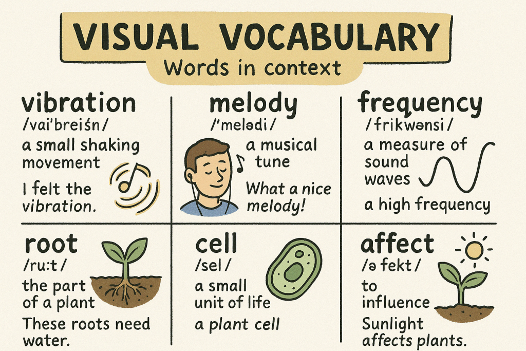 vibration,melody,frequency,root,cell,affectの英単語の意味をイラストで解説