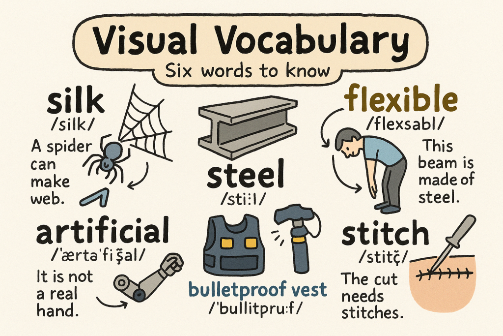 silk,steel,flexible,artificial,bulletproof vest,stitchの英単語の意味をイラストで解説