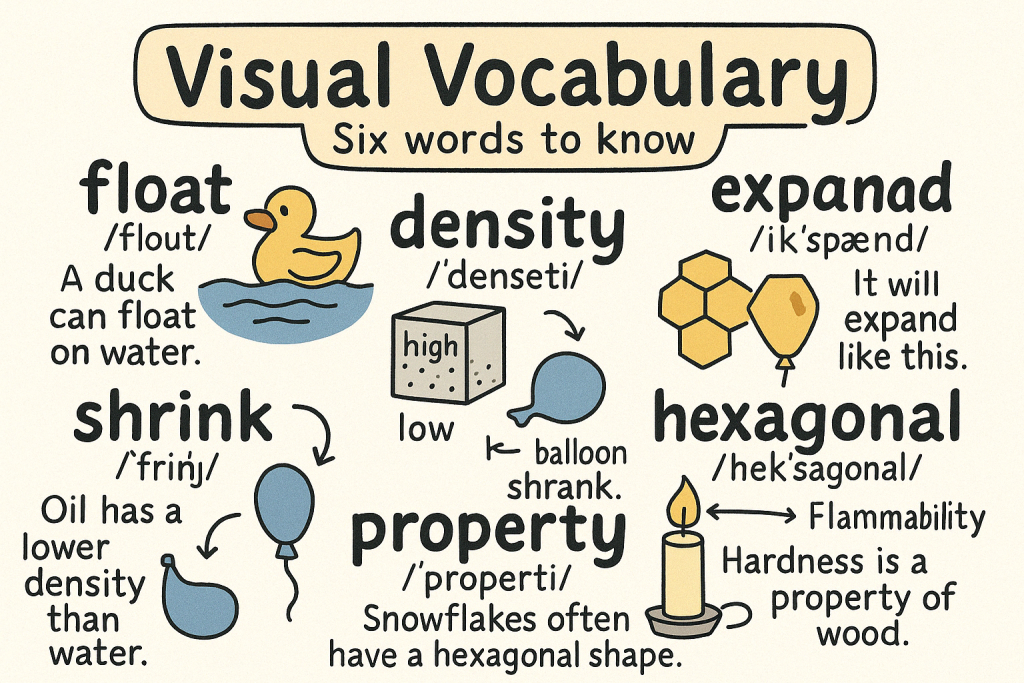 float,density,shrink,expand,hexagonal,property の英単語をイラストで解説