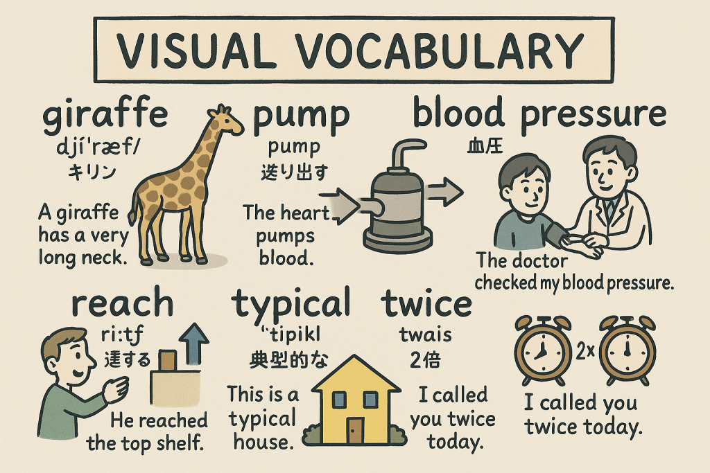 giraffe,pump,blood pressure,reach,typical,twiceの英単語の意味をイラストで解説