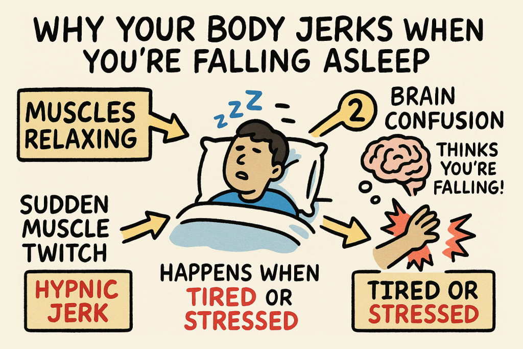 絵で見る英語で雑学:眠っている間に体がビクッとなる理由(Why Your Body Jerks When You're Falling Asleep)