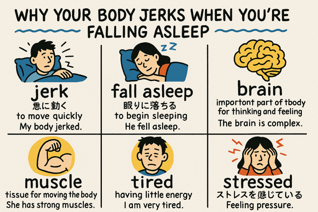 jerk,fall asleep,brain,muscle,tired,stressed の英単語をイラストで解説