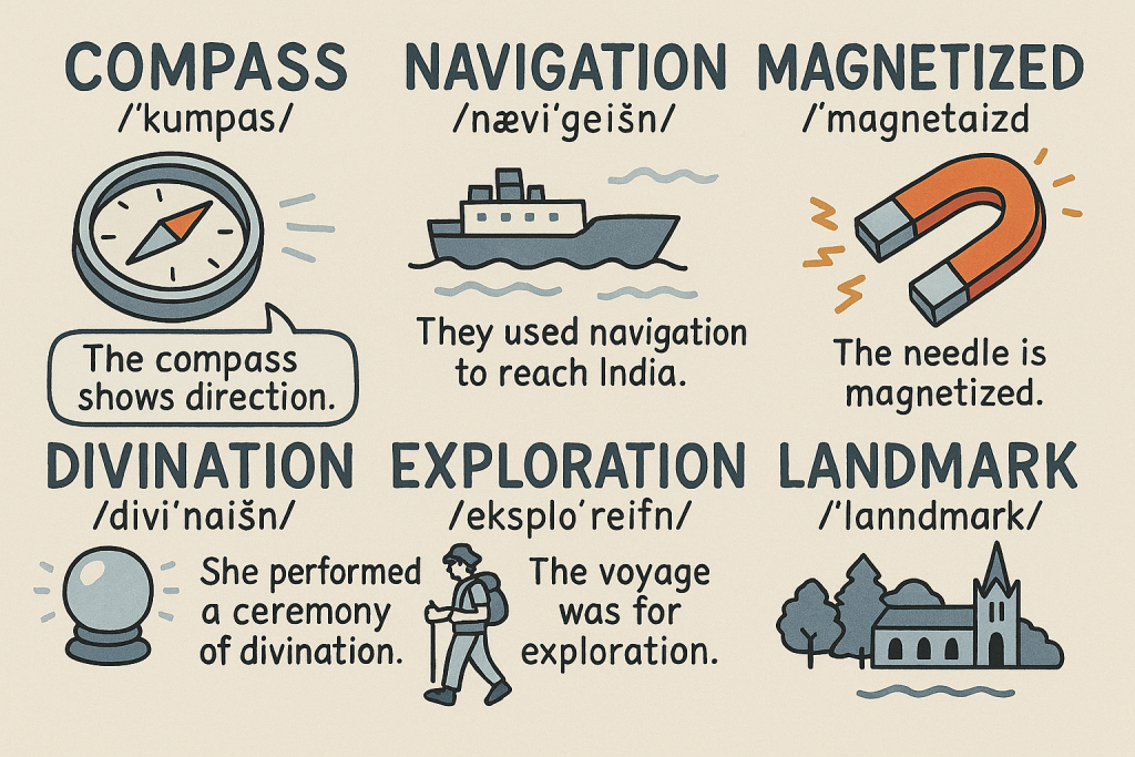 compass,navigation,magnetized,divination,exploration,landmark の英単語をイラストで解説