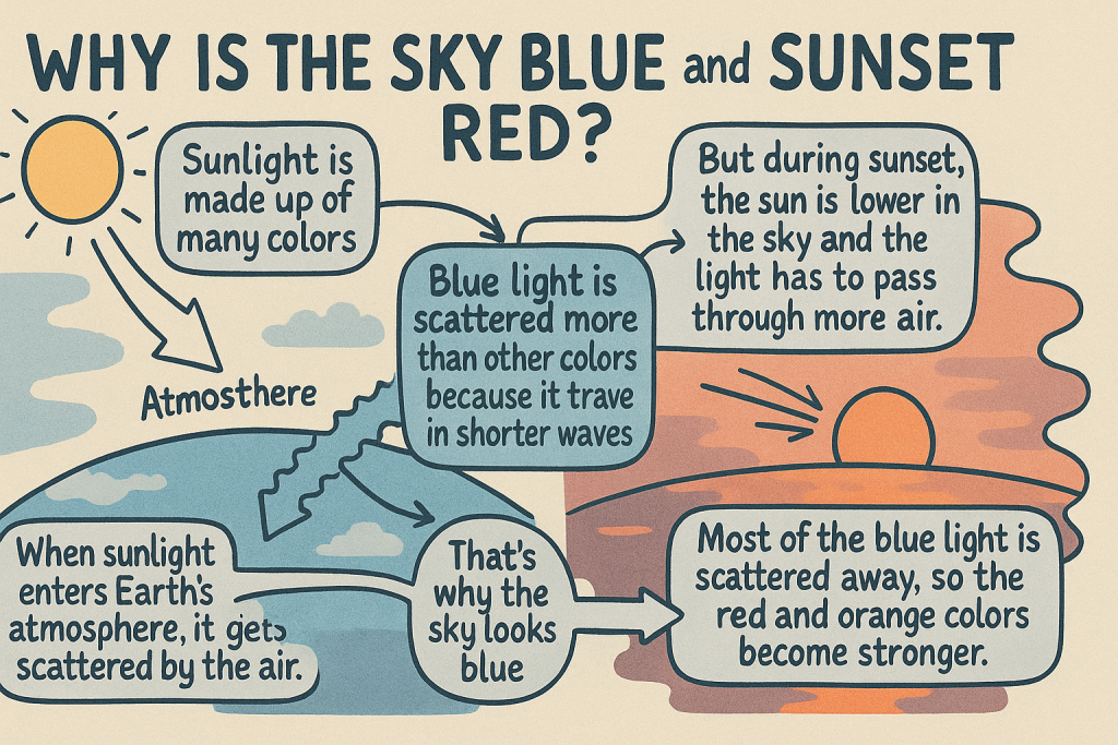 絵で見る英語で雑学:なぜ空は青くて夕焼けは赤いの?(Why Is the Sky Blue and the Sunset Red?)