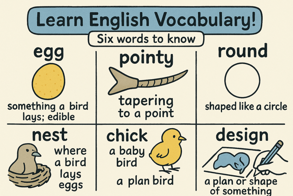egg,pointy,round,nest,chick,design の英単語をイラストで解説