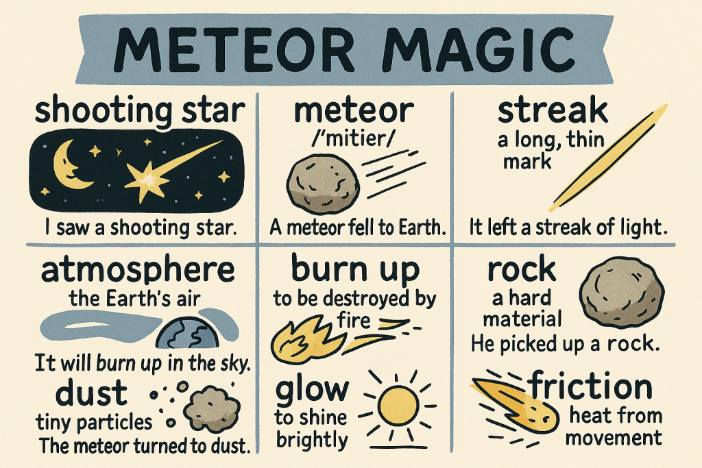 shooting star,streak,atmosphere,burn up,rock,dust の英単語をイラストで解説