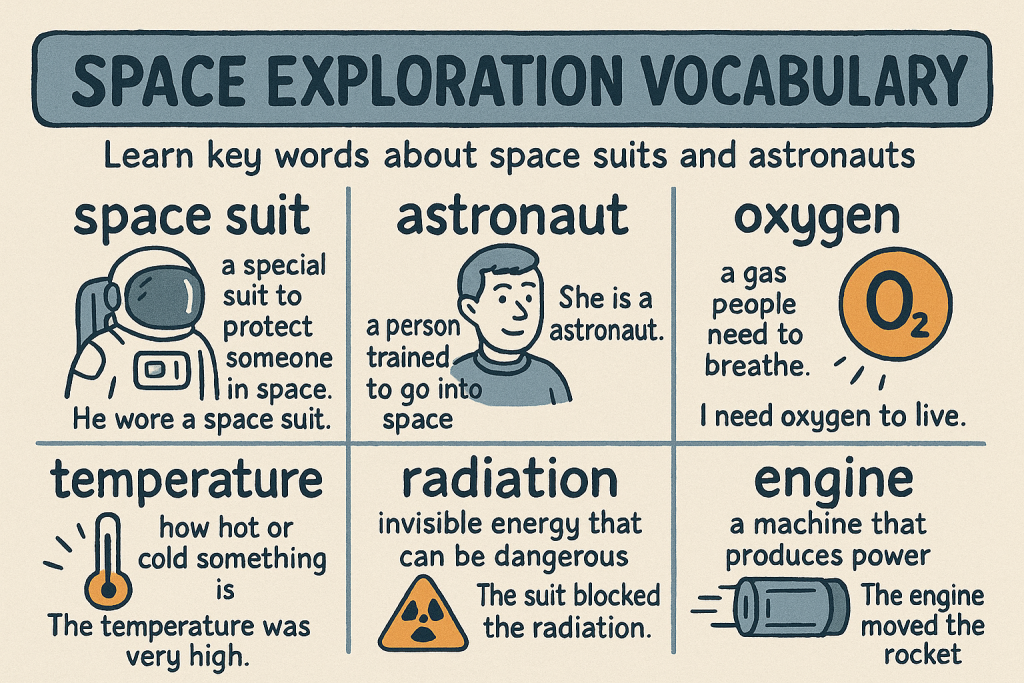 space suit,astronaut,oxygen,temperature,radiation,engine の英単語をイラストで解説