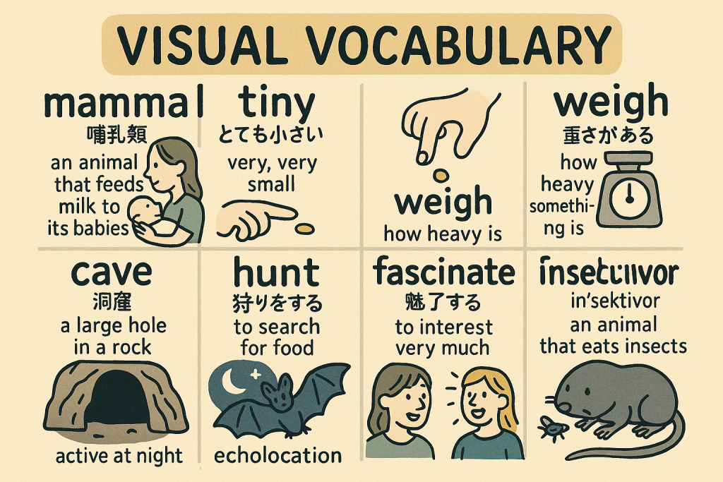 mammal,tiny,weigh,cave,hunt,fascinate の英単語をイラストで解説