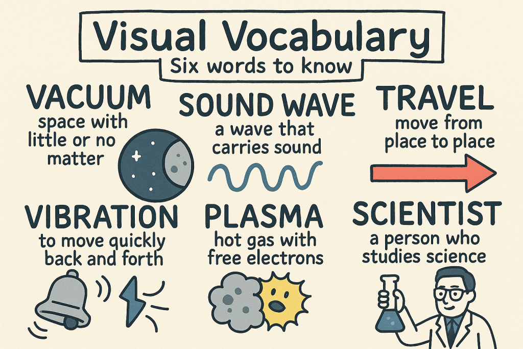 vacuum,sound wave,travel,vibration,plasma,scientist の英単語をイラストで解説