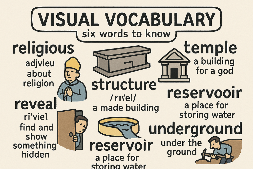 religious,structure,temple,reveal,reservoir,underground の英単語をイラストで解説