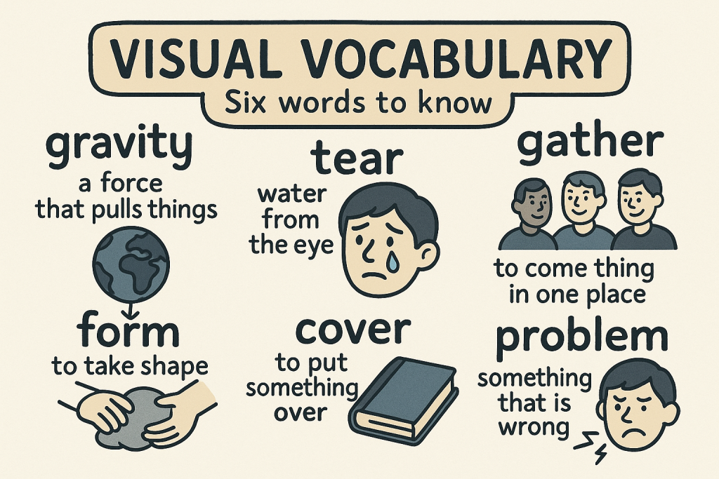 gravity,tear,gather,form,cover,problem の英単語をイラストで解説