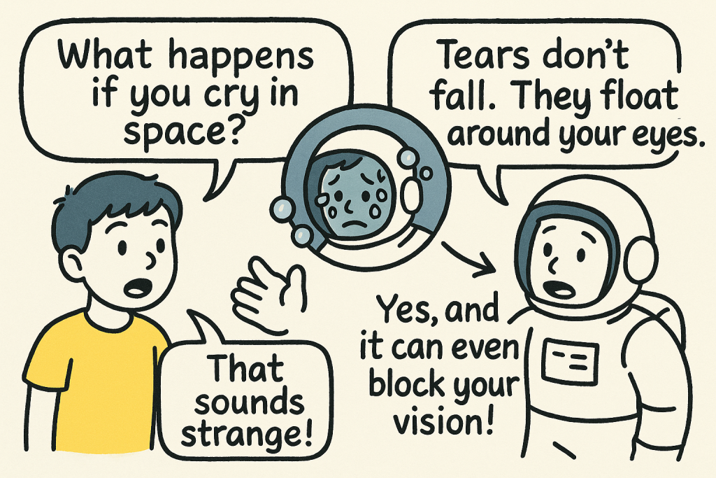 宇宙で泣くと涙が浮かぶことを話す英会話例。gravityやtearなど宇宙に関する単語を使った会話