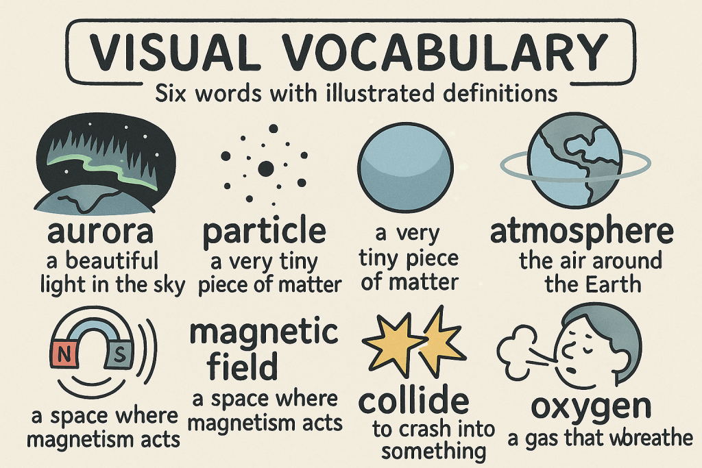 aurora, particle, atmosphere, magnetic field, collide, oxygenの英単語の意味をイラストで解説