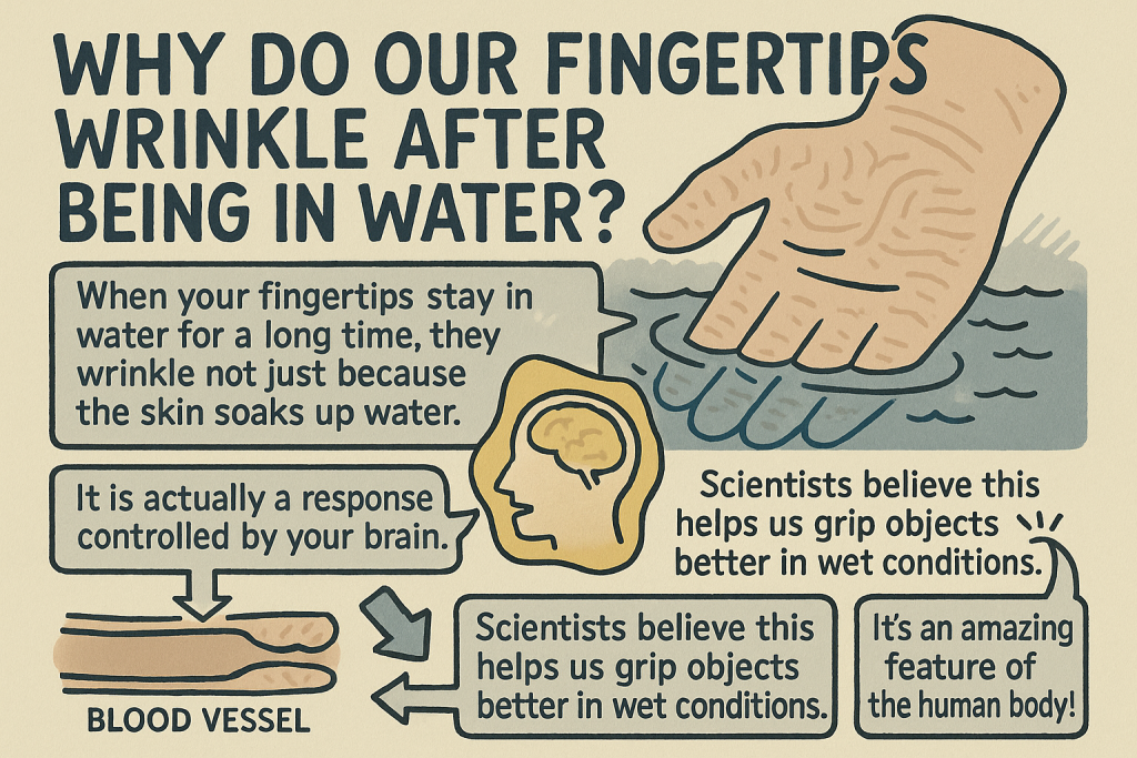絵で見る英語で雑学:なぜ指先が水に長く浸かるとしわしわになるの?(Why Do Our Fingertips Wrinkle After Being in Water?)