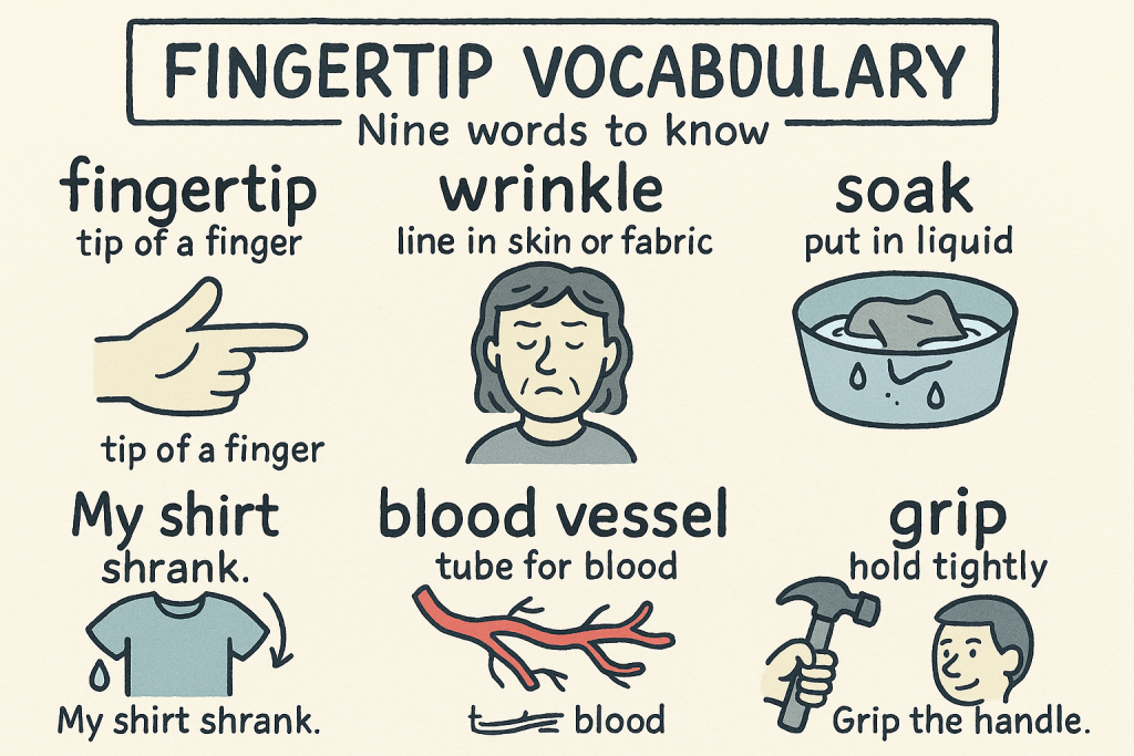 fingertip, wrinkle, soak, shrink, blood vessel, gripの英単語の意味をイラストで解説
