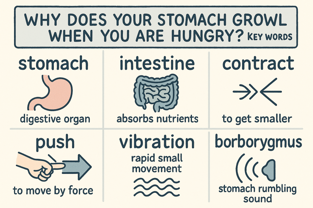 stomach, intestine, contract, push, vibration, borborygmusの英単語の意味をイラストで解説