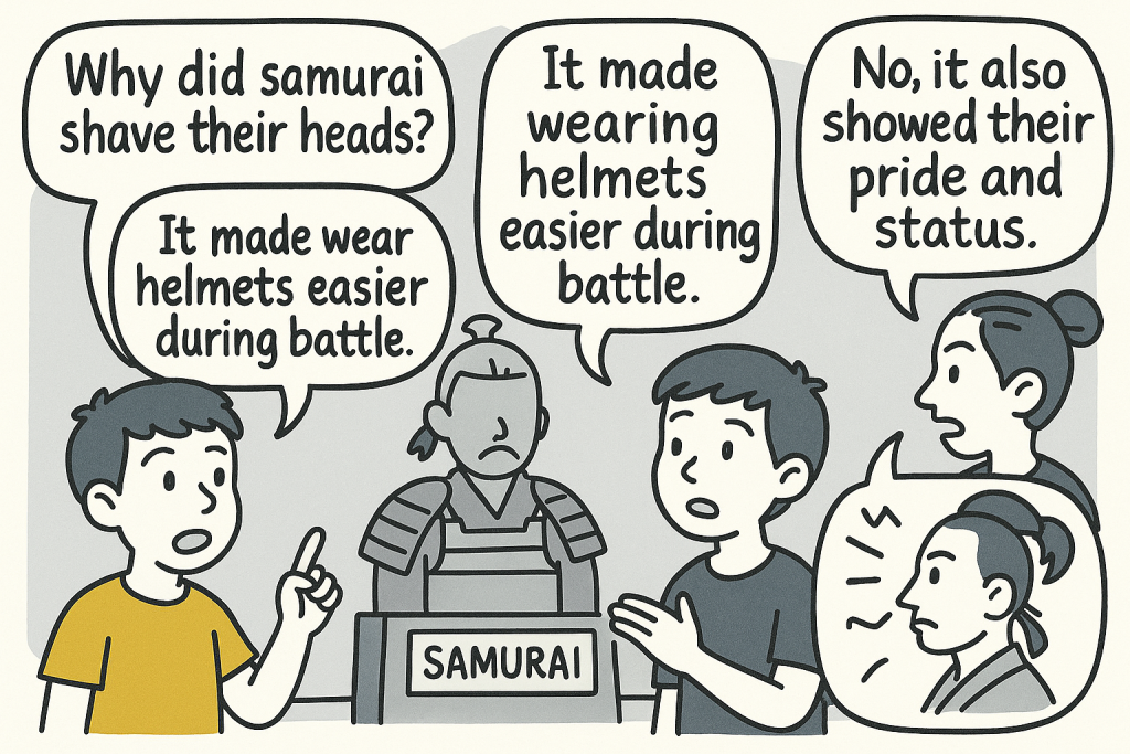 侍の髪型について話す英会話例。topknotやhelmetなど日本文化に関する単語を使った会話