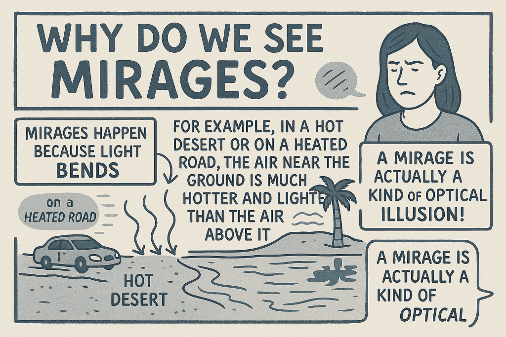 絵で見る英語で雑学:蜃気楼(しんきろう)はなぜ見えるの?(Why Do We See Mirages?)