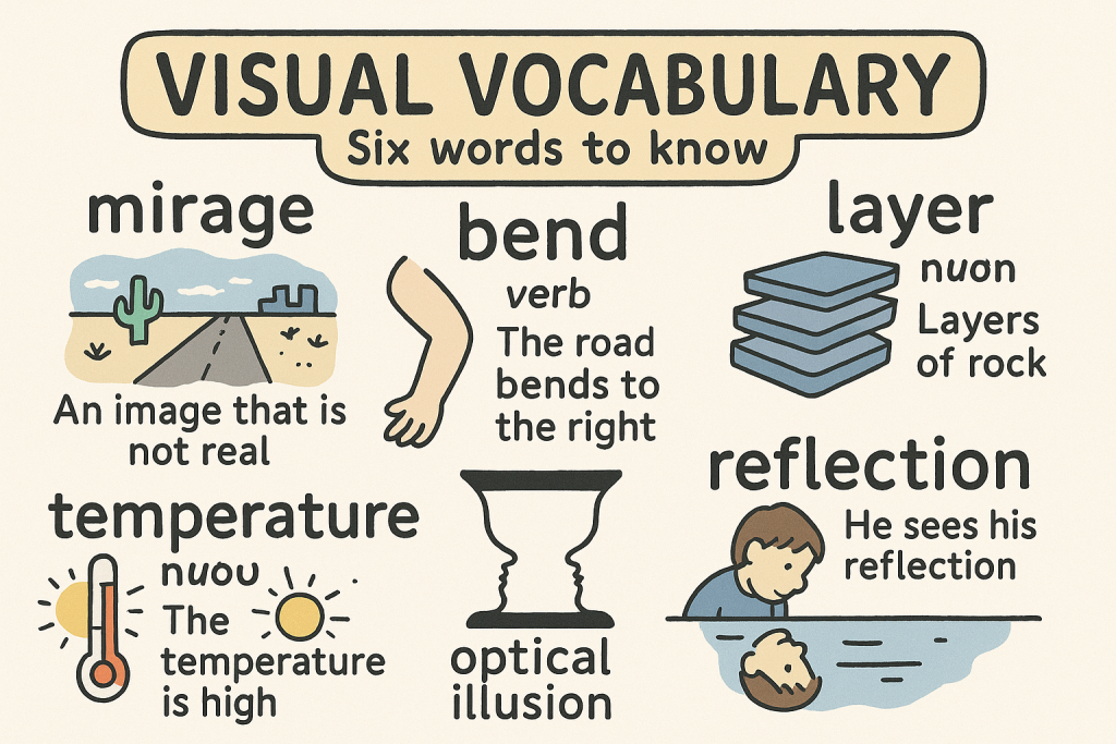 mirage,bend,layer,temperature,optical illusion,reflection の英単語をイラストで解説