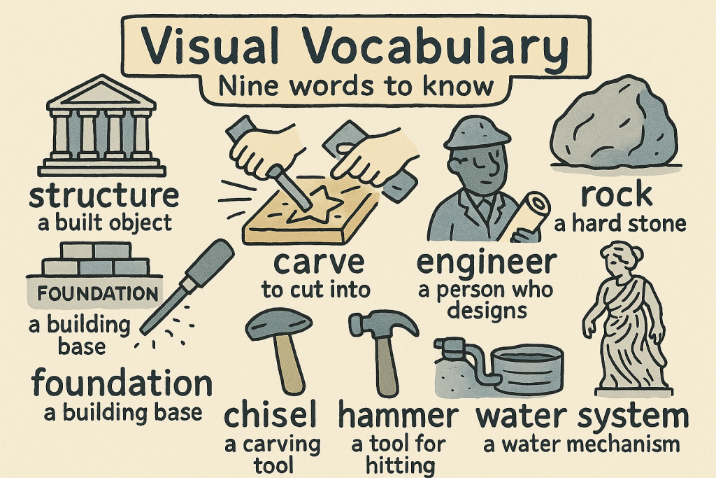 structure,carve,rock,chisel,hammer,water system の英単語をイラストで解説